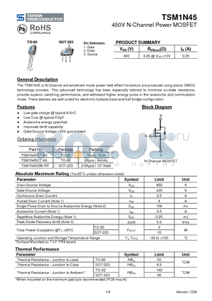 TSM1N45CTA3 datasheet - 450V N-Channel Power MOSFET