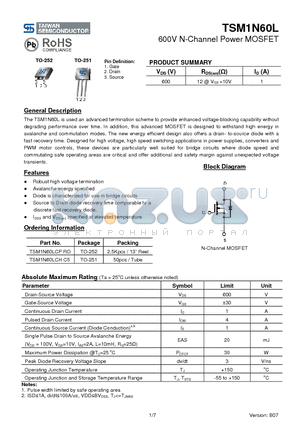 TSM1N60LCHC5 datasheet - 600V N-Channel Power MOSFET
