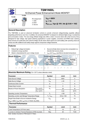 TSM1N60L datasheet - N-Channel Power Enhancement Mode MOSFET