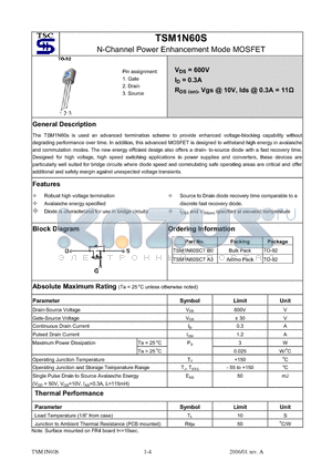 TSM1N60S datasheet - N-Channel Power Enhancement Mode MOSFET