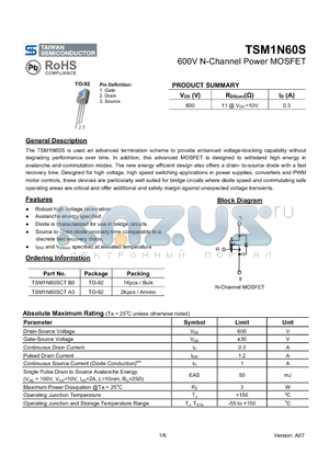 TSM1N60S datasheet - 600V N-Channel Power MOSFET