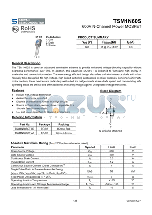 TSM1N60SCTB0 datasheet - 600V N-Channel Power MOSFET