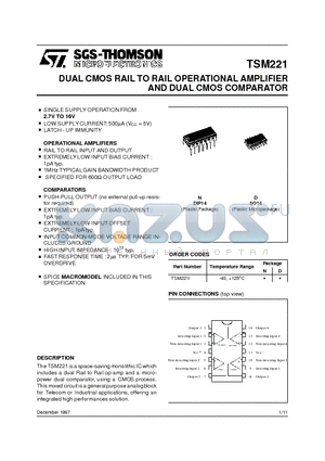 TSM221IN datasheet - DUAL CMOS RAIL TO RAIL OPERATIONAL AMPLIFIER AND DUAL CMOS COMPARATOR