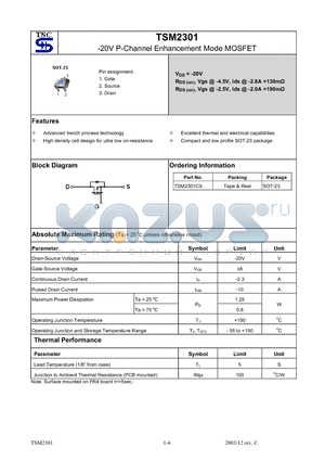 TSM2301CX datasheet - 20V P-Channel Enhancement Mode MOSFET