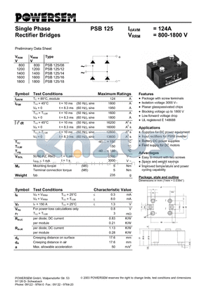 PSB125 datasheet - Single Phase Rectifier Bridges