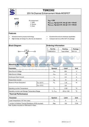 TSM2302 datasheet - 20V N-Channel Enhancement Mode MOSFET