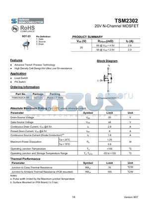 TSM2302 datasheet - 20V N-Channel MOSFET