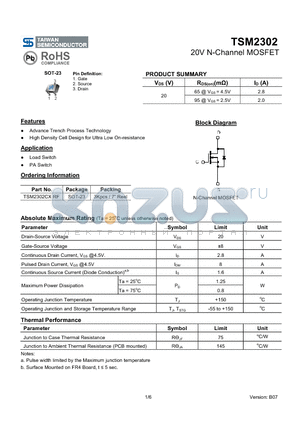 TSM2302_1 datasheet - 20V N-Channel MOSFET