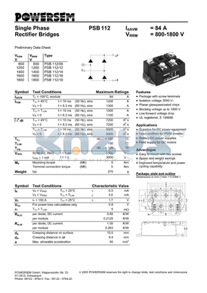 PSB112 datasheet - Single Phase Rectifier Bridges