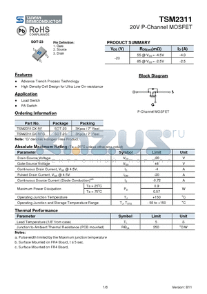 TSM2311CXRFG datasheet - 20V P-Channel MOSFET