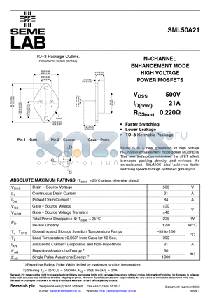 SML50A21_07 datasheet - NCHANNEL ENHANCEMENT MODE HIGH VOLTAGE POWER MOSFETS