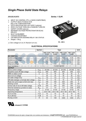 PSB1SJDA241600 datasheet - Single Phase Solid State Relays