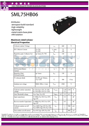 SML75HB06 datasheet - HIGH PERFORMANCE POWER SEMICONDUCTORS