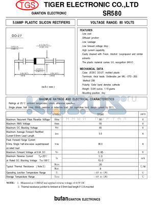 SR580 datasheet - 5.0AMP PLASTIC SILICON RECTIFIERS / VOLTAGE RANGE: 80 VOLTS
