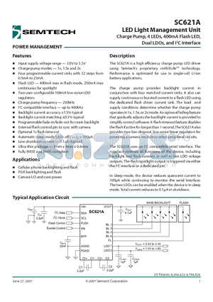 SC621A datasheet - Charge Pump, 4 LEDs, 400mA Flash LED, Dual LDOs, and I2C Interface