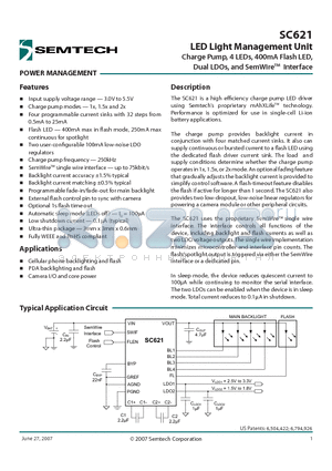 SC621EVB datasheet - LED Light Management Unit Charge Pump, 4 LEDs, 400mA Flash LED, Dual LDOs, and SemWireTM Interface