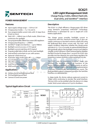 SC621EVB datasheet - LED Light Management Unit Charge Pump,4 LEDs, 400mA Flash LED Dual LDOs,and SemWire Interface