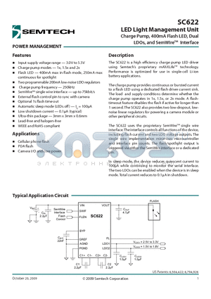 SC622 datasheet - LED Light Management Unit Charge Pump, 400mA Flash LED, Dual LDOs, and SemWire Interface