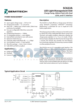 SC622AULTRT datasheet - LED Light Management Unit Charge Pump, 400mA Flash LED, Dual LDOs, and I2C Interface