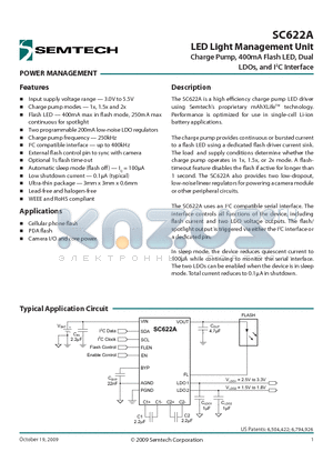 SC622AULTRT datasheet - LED Light Management Unit Charge Pump, 400mA Flash LED,Dual LDOs,and I2C Interface