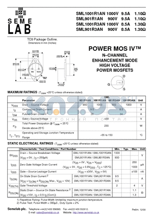 SML901R1AN datasheet - N-CHANNEL ENHANCEMENT MODE HIGH VOLTAGE POWER MOSFETS