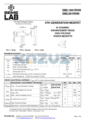 SML901RHN datasheet - N-CHANNEL ENHANCEMENT MODE HIGH VOLTAGE POWER MOSFETS