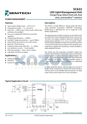SC622 datasheet - LED Light Management Unit Charge Pump, 400mA Flash LED, Dual LDOs, and SemWireTM Interface