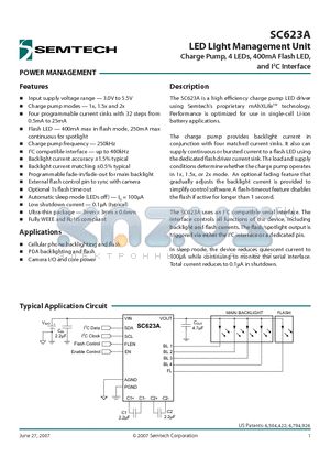 SC623AULTRT datasheet - LED Light Management Unit Charge Pump, 4 LEDs, 400mA Flash LED, and I2C Interface