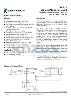 SC623EVB datasheet - LED Light Management Unit Charge Pump, 4 LEDs, 400mA Flash LED, and SemWireTM Interface