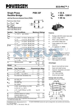 PSB33F-12 datasheet - Single Phase Rectifier Bridge