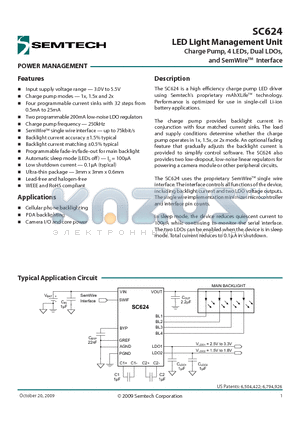 SC624 datasheet - LED Light Management Unit Charge Pump, 4 LEDs, Dual LDOs,and SemWireTM Interface