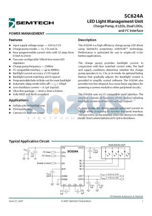 SC624AULTRT datasheet - LED Light Management Unit Charge Pump, 4 LEDs, Dual LDOs, and I2C Interface