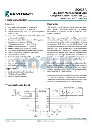 SC627AEVB datasheet - LED Light Management Unit Charge Pump, 4 LEDs, 700mA Flash LED,Dual LDOs, and I2C Interface