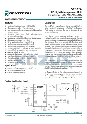 SC627AULTRT datasheet - LED Light Management Unit Charge Pump, 4 LEDs, 700mA Flash LED,Dual LDOs, and I2C Interface