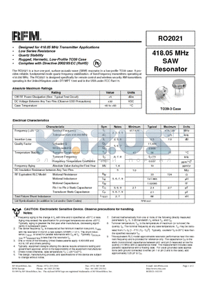 RO2021 datasheet - 418.05 MHz SAW Resonator