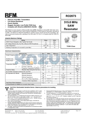 RO2073 datasheet - 315.0 MHz SAW Filter