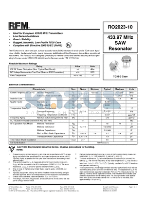 RO2023-10 datasheet - 433.97 MH SAW Resonator