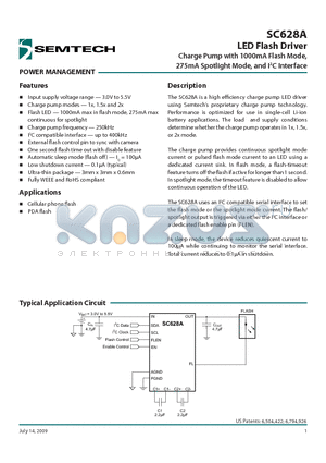 SC628AULTRT datasheet - LED Flash Driver Charge Pump with 1000mA Flash Mode, 275mA Spotlight Mode, and I2C Interface