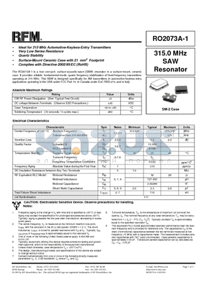 RO2073A-1 datasheet - 315.0 MHz SAW Filter