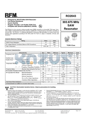 RO2043 datasheet - Designed for 303.875 MHz SAW Resonator