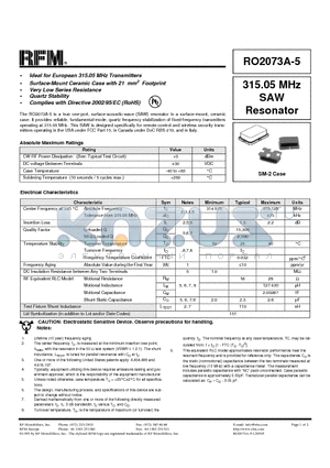 RO2073A-5 datasheet - 315.05 MHz SAW Resonator