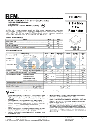 RO2073D datasheet - Ideal for 315MHz Automotive-Keyless-Entry Transmitters