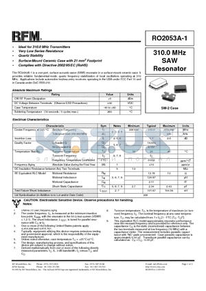 RO2053A-1 datasheet - 310.0 MHz SAW Resonator