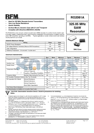 RO2081A datasheet - 325.05 MHz SAW Resonator