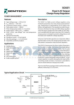 SC631 datasheet - Fixed 4.4V Output Charge Pump Regulator