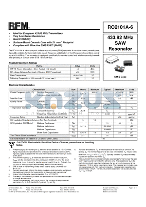 RO2101A-6 datasheet - 433.92 MHz SAW Resonator