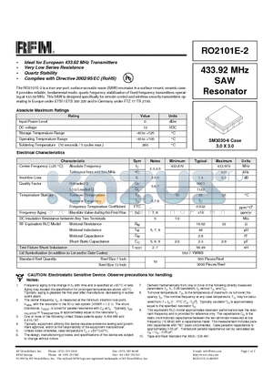 RO2101E-2 datasheet - 433.92 MHz SAW Resonator