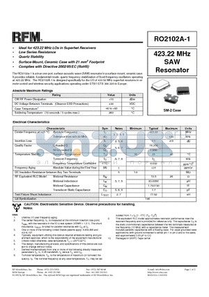 RO2102A-1 datasheet - 423.22 MHz SAW Resonator
