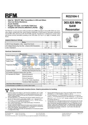 RO2104-1 datasheet - 303.825 MHz SAW Resonator