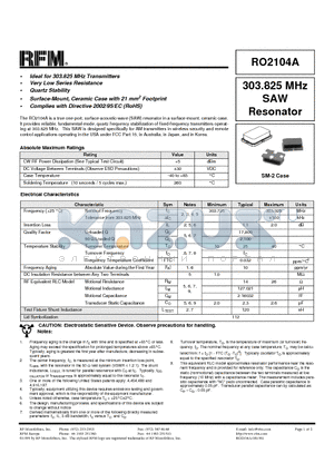 RO2104A datasheet - 303.825 MHz SAW Resonator